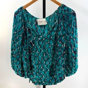 Alice & Trixie Women’s XS 100% Silk Mermaid‎ Blouse Teal Turquoise Wide Sleeve